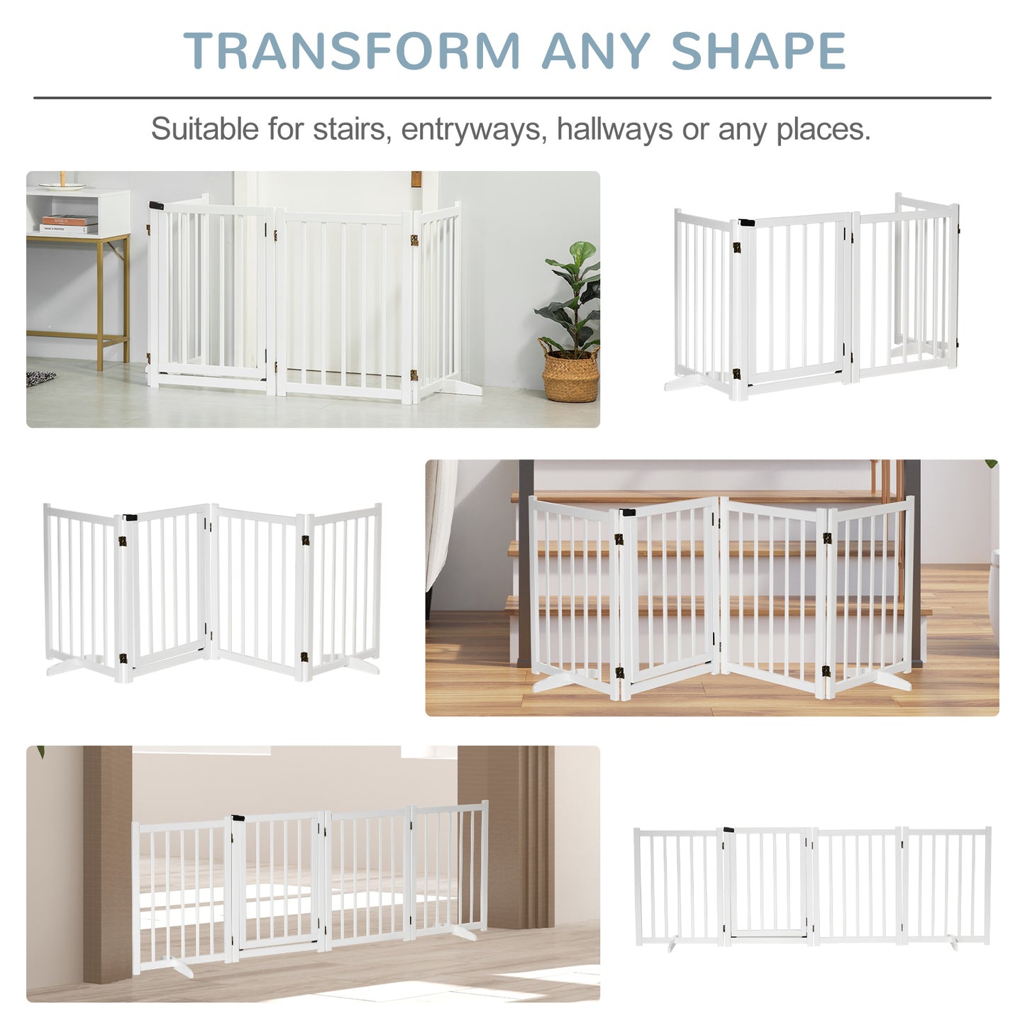 Wooden Dog Gate, Dog Fence Indoor, 80 cm Tall Freestanding Pet Gate for Small and Medium Dogs with 4 Panels, 2 Support Feet