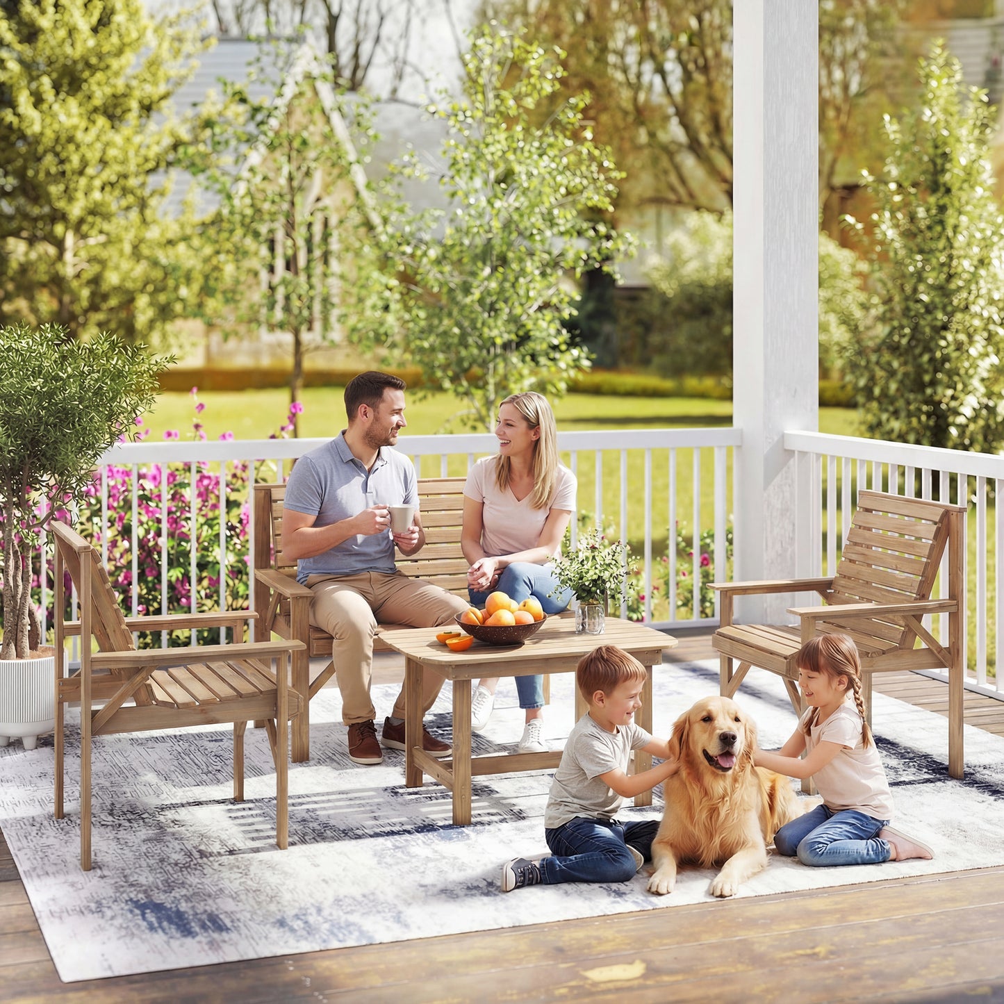 4 Piece Wooden Garden Furniture Set, Outdoor Garden Sofa Set with 2 Armchairs, Loveseat and Coffee Table, Natural Wood