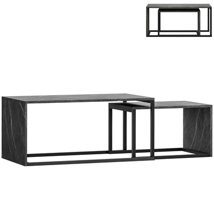 Nesting Coffee Table Set of 2, Industrial Stacking Side End Tables with Metal Frame for Living Room, Bedroom