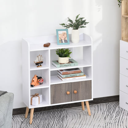 Bookcase, Freestanding Book Shelf with Storage Cabinet, 6 Shelves and Wood Legs for Home Office Display, White and Grey