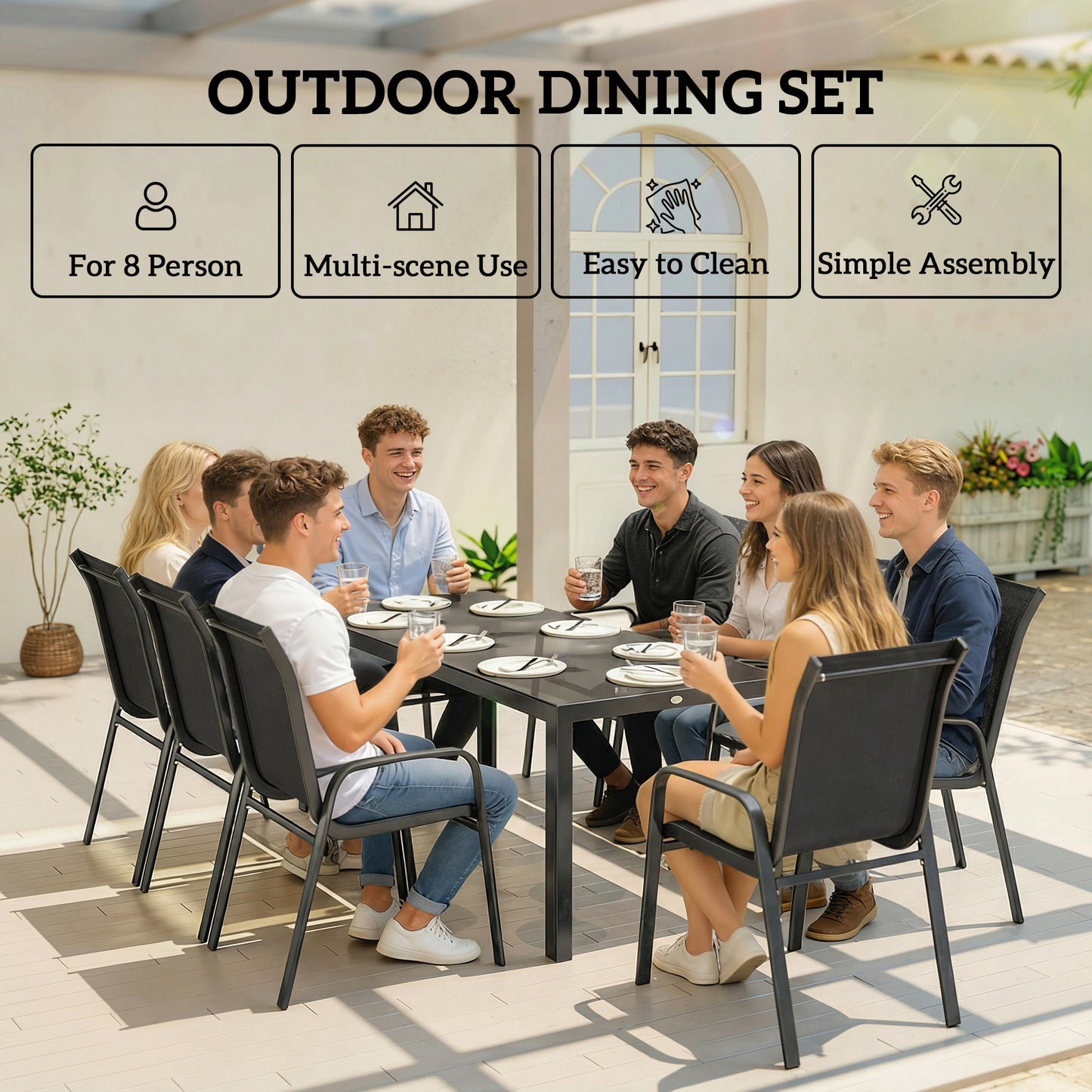 9 Pieces Garden Dining Set, Outdoor Table and Chairs Set for 8, Garden Furniture Set with Tempered Glass Top, Black