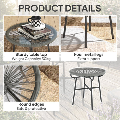 Rattan Side Table, Round Outdoor Coffee Table, with Round PE Rattan and Tempered Glass Tabletop, Light Grey