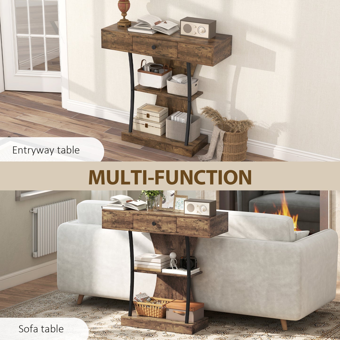 Console Table, 3-Tier Industrial Hallway Table with Drawer, Storage Shelves, 91 x 32 x 87 cm, Rustic Brown