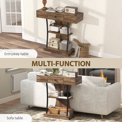 Console Table, 3-Tier Industrial Hallway Table with Drawer, Storage Shelves, 91 x 32 x 87 cm, Rustic Brown