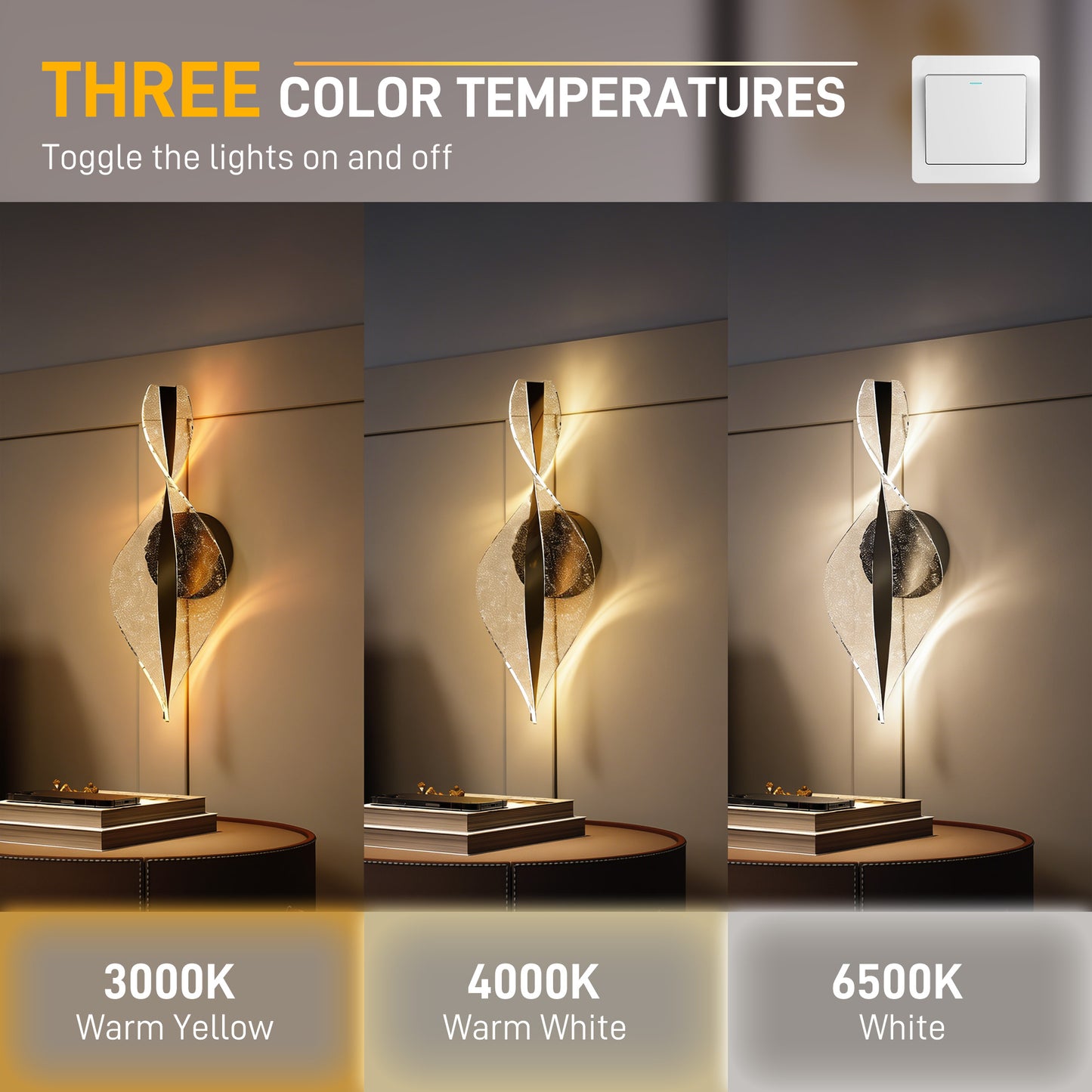 Led Wall Lamp 2 Pack, 13W Modern Indoor Spiral Wall Light, Colour Temperature Adjustable 3000K/4000K/6500K, for Bedroom
