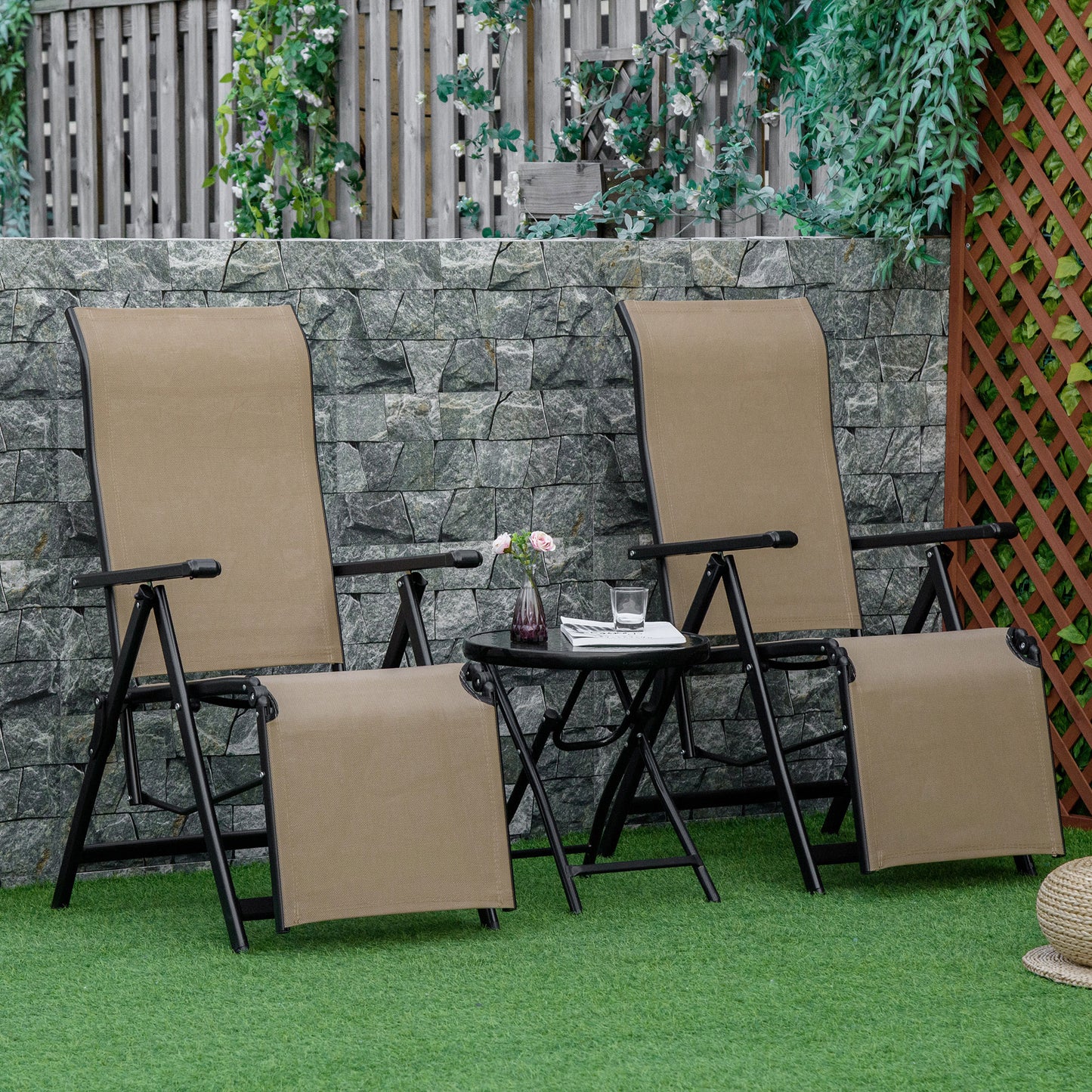 Outdoor Set of 2 Outdoor Sun Lounger 10-Position Adjustable Texteline Folding Reclining Chairs
