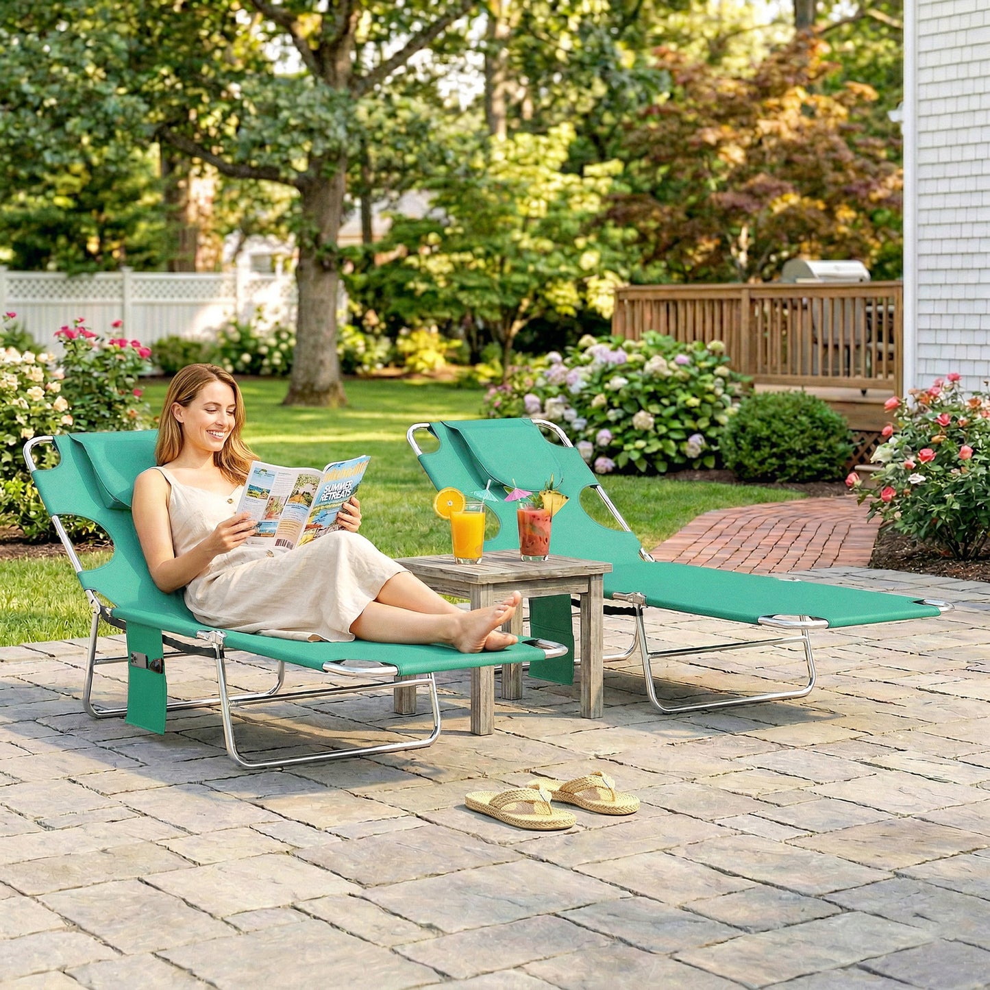 5-Position Adjustable Sun Loungers Set of 2 with Reading Hole and Side Pocket, Green