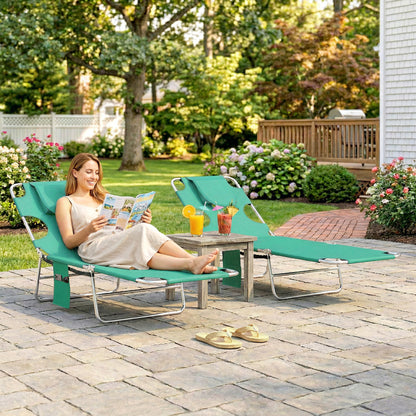 5-Position Adjustable Sun Loungers Set of 2 with Reading Hole and Side Pocket, Green