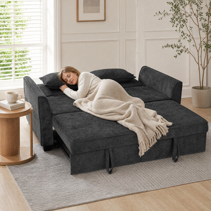 2 Seater Sofa Bed, 4-in-1 L-Shaped Convertible Pull-Out Sleeper Sofa with Adjustable Backrest and Side Pockets, Black