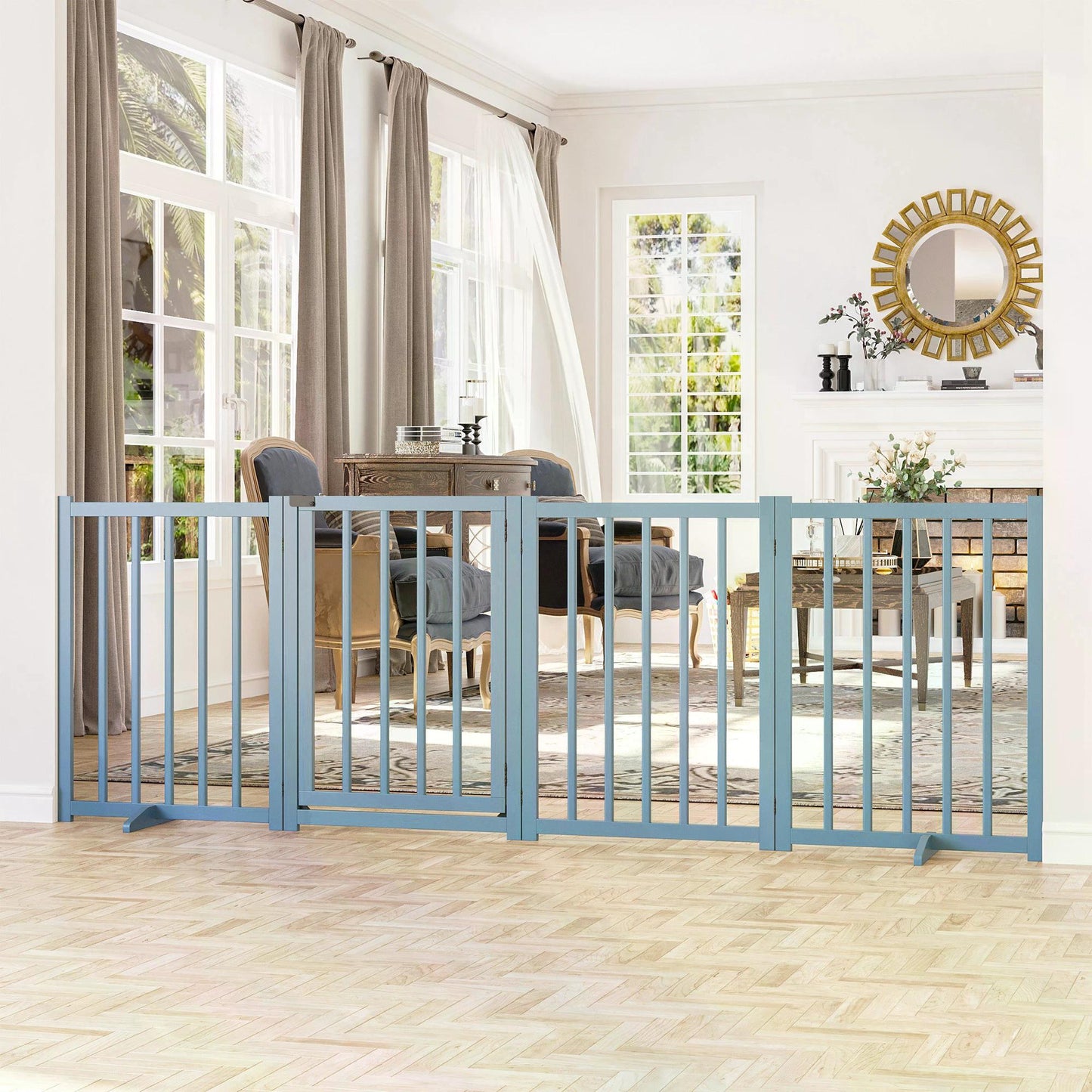 Pet Gate Wooden Foldable Dog Safety Barrier w/ 4 Panels for Small and Medium Dogs Blue