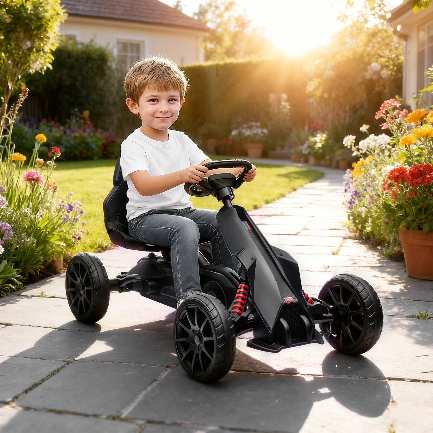 Kids Pedal Go Kart, with Adjustable Seat, EVA Wheels, Seat, Handbrake - Black