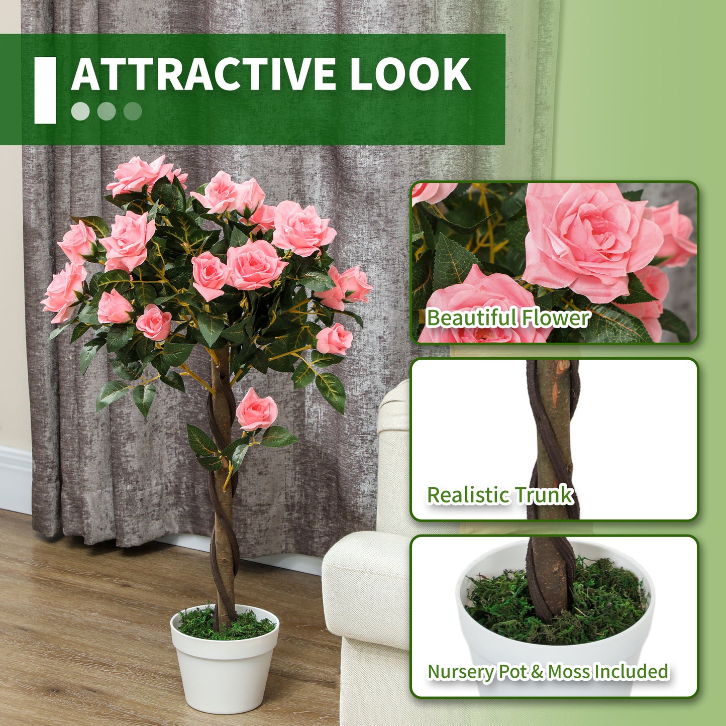 Set of 2 Artificial Plants Pink Rose Floral in Pot, Fake Plants for Home Indoor Decor, 90cm