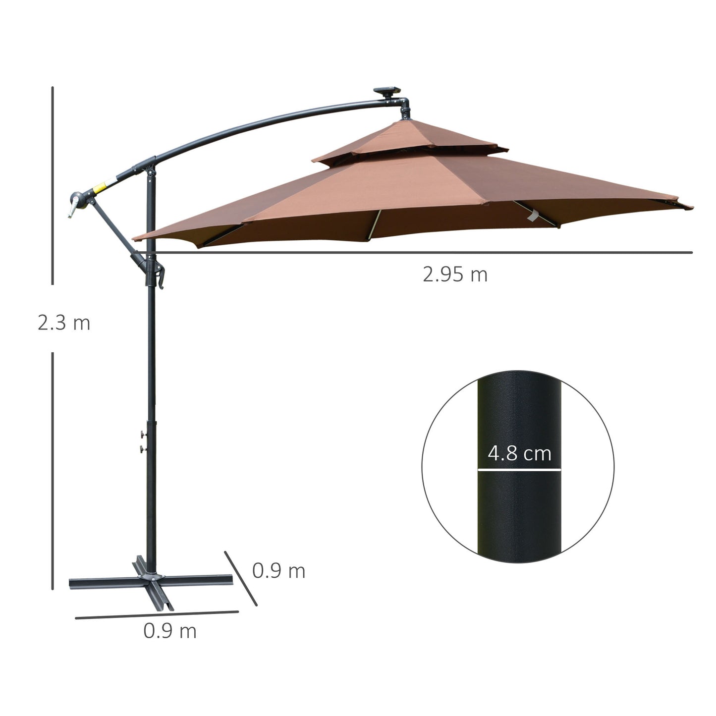 3(m) Cantilever Banana Parasol Hanging Umbrella with Double Roof, LED Solar lights, Crank