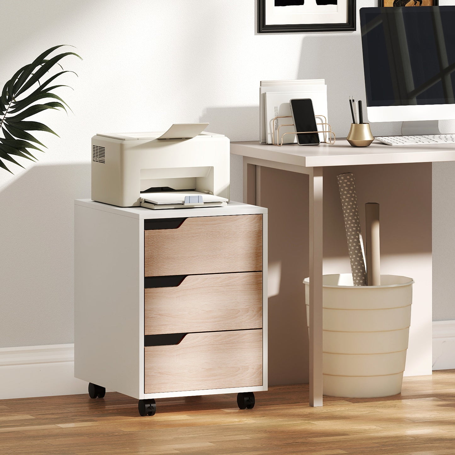 3 Drawer Mobile File Cabinet, Vertical Filing Cabinet with Wheels for Home Office, Oak
