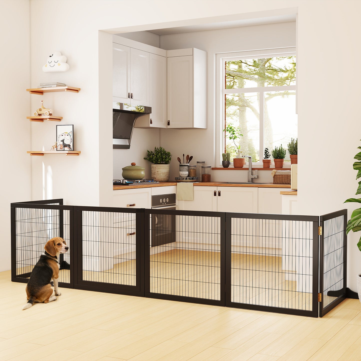 Wooden Pet Gate, Freestanding Dog Security Barrier with Two Support Feet - Black