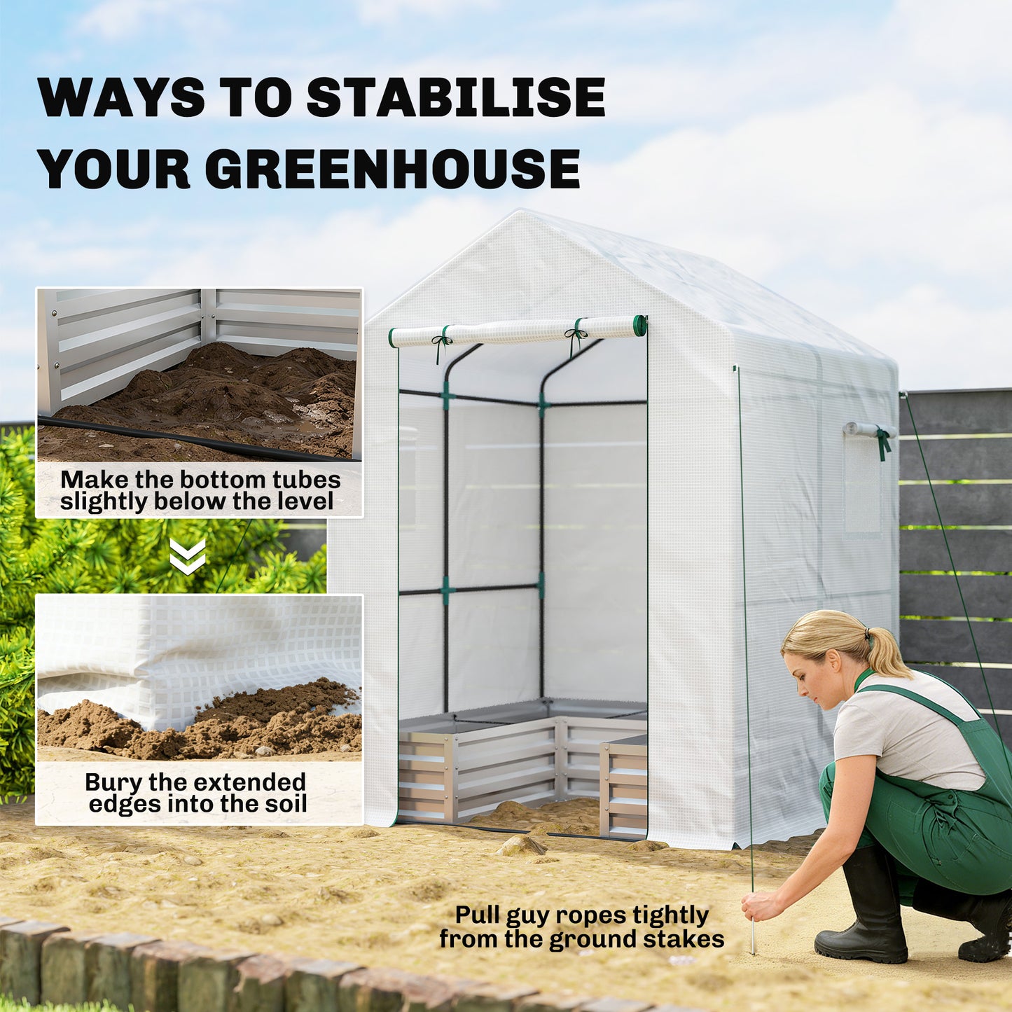 Small Greenhouse with Raised Garden Bed, Galvanised Walk-in Greenhouse with Roll Up Windows, 141 x 141 x 190 cm, White