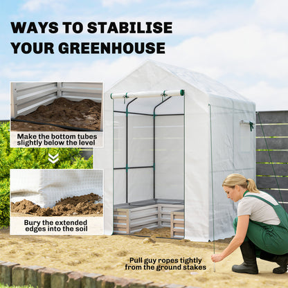 Small Greenhouse with Raised Garden Bed, Galvanised Walk-in Greenhouse with Roll Up Windows, 141 x 141 x 190 cm, White