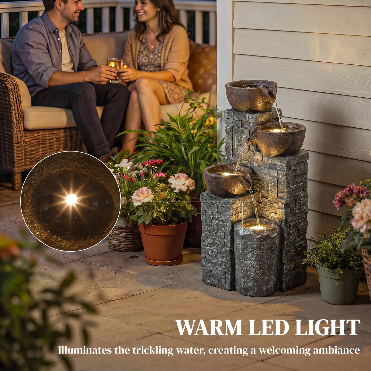 4-Tier Outdoor Fountain, Cascading Waterfall, Garden Fountain with LED Lights, Adjustable Flow, Grey and Rustic Brown