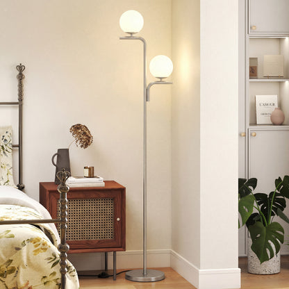 LED Floor Lamp, Modern Standing Lamp with 3 Colour Temperatures, Globe Glass Shades and Foot Switch, Silver Tone