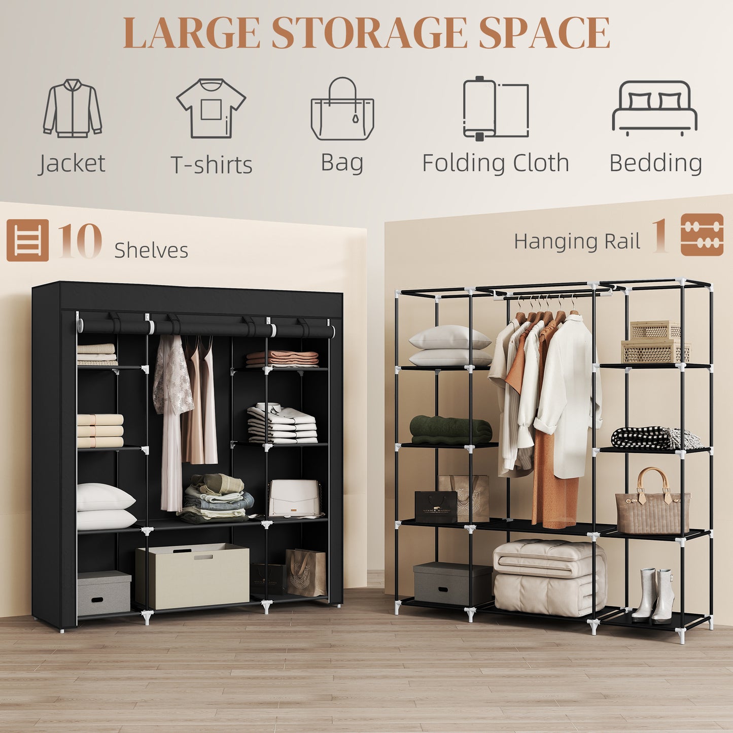 Portable Wardrobe, Foldable Fabric Wardrobe, 150 x 43 x 162.5cm, Clothes Storage Organiser with Hanging Rail, Shelves