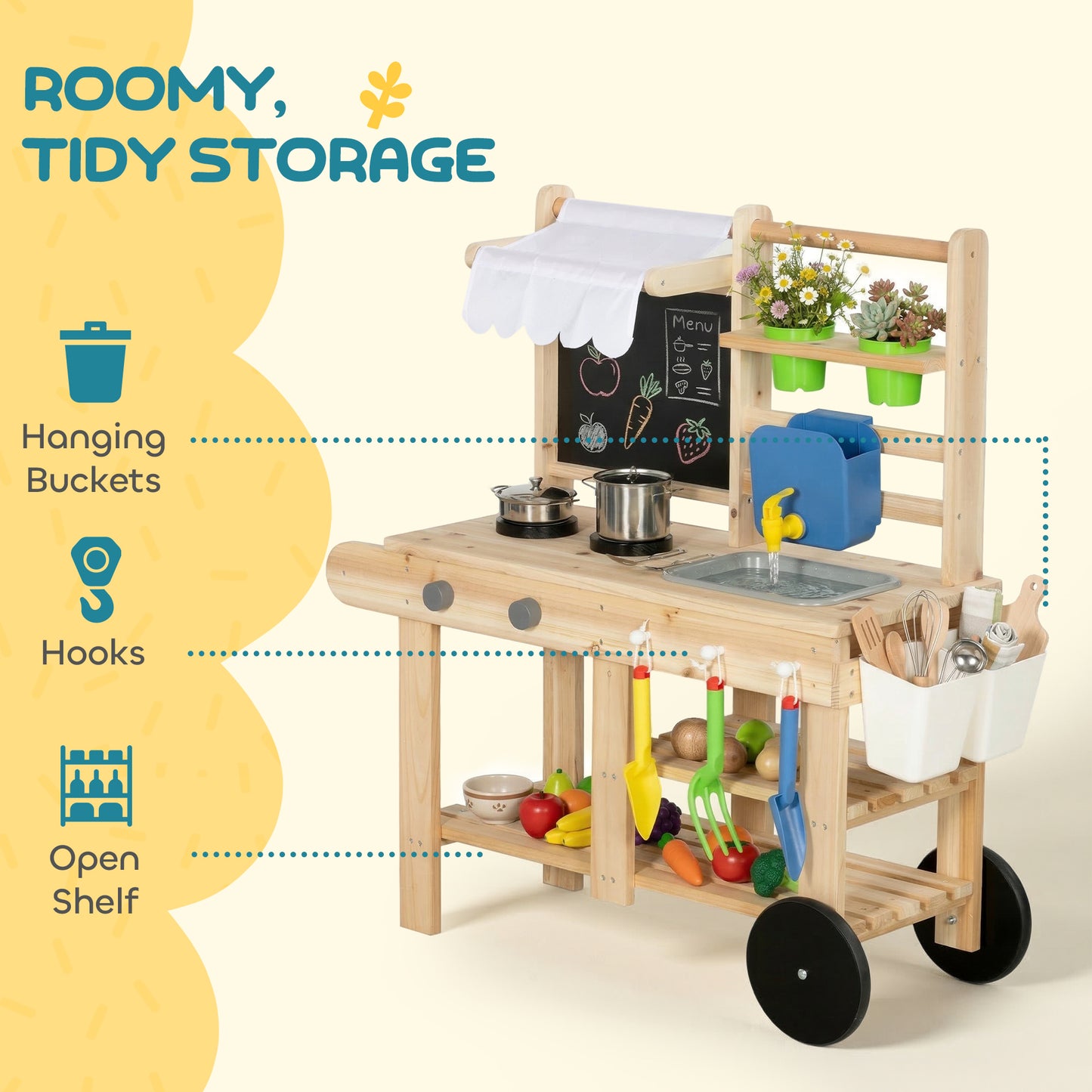 Mud Kitchen with Real Water Faucet Pretend Play Kitchen Playset with Sink and Storage Natural Wood