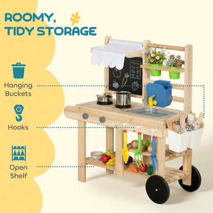 Mud Kitchen with Real Water Faucet Pretend Play Kitchen Playset with Sink and Storage Natural Wood