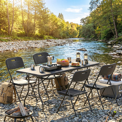 5 Piece 6ft Foldable Table and Chairs, Portable Picnic Table Set with 4 Chairs, Waterproof Top and Steel Frame, Black