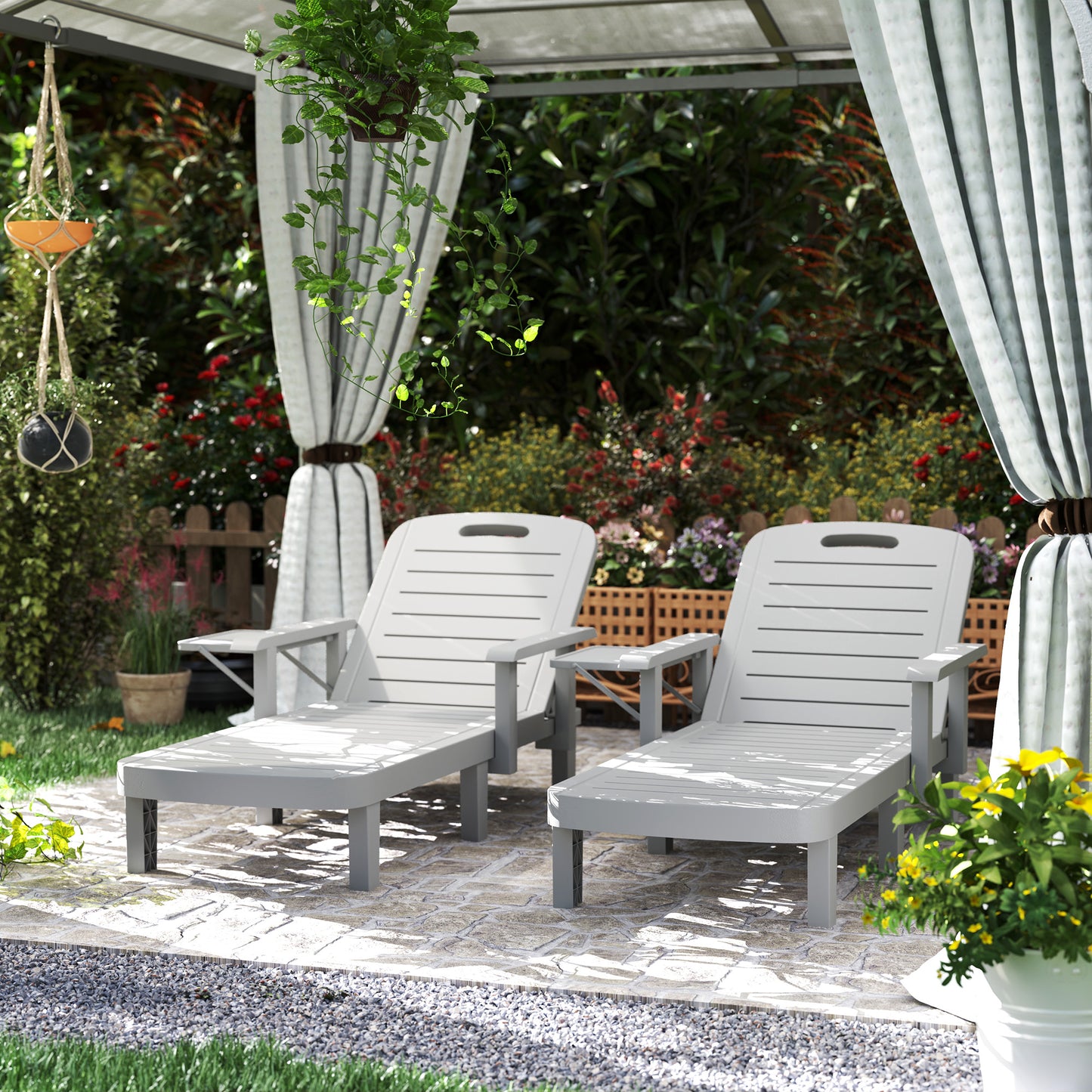 Set of 2 Reclining Sun Loungers, 5 Positions Adjustable Outdoor Chaise Lounge Chair with Armrests, Light Grey