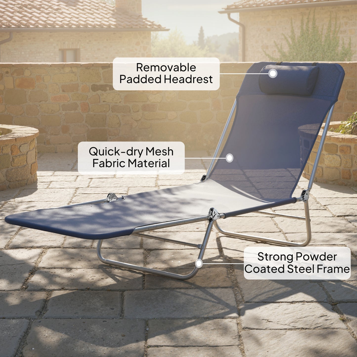 Folding Sun Lounger with Head Pillow - Dark Blue