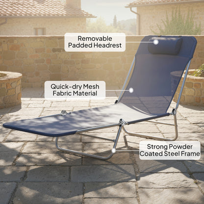 Folding Sun Lounger with Head Pillow - Dark Blue