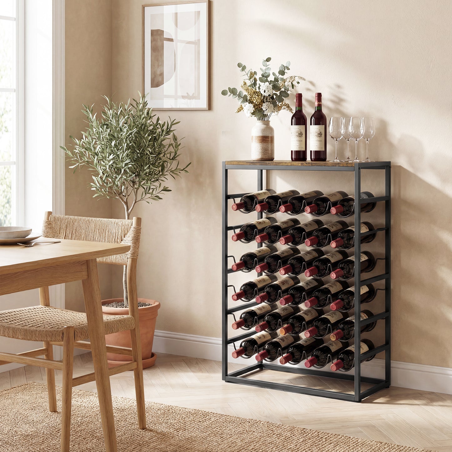30 Bottles Wine Rack, 6 Tier Free Standing Wine Storage Holder with Wood Effect Tabletop, Rustic Brown