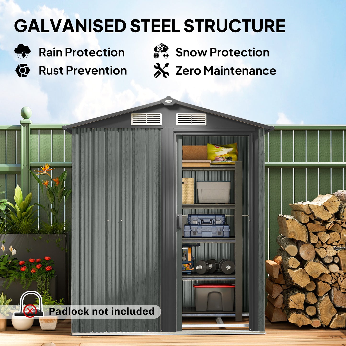 4.3 x 5ft Outdoor Garden Storage Shed - Grey Wood Effect