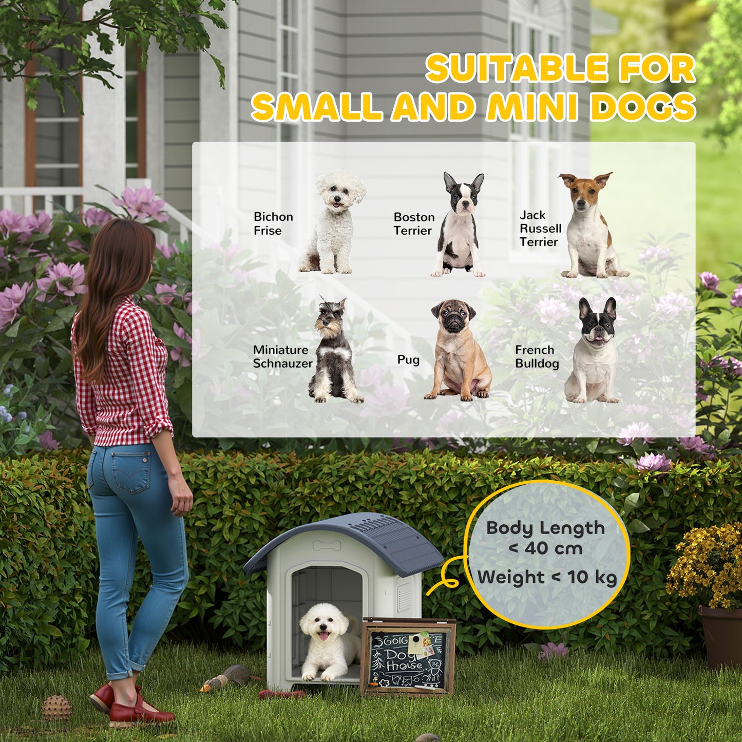 Outdoor Dog Kennel, Plastic Dog House with Removable Floor, Waterproof Roof, Raised Floor, 71 x 60 x 63 cm