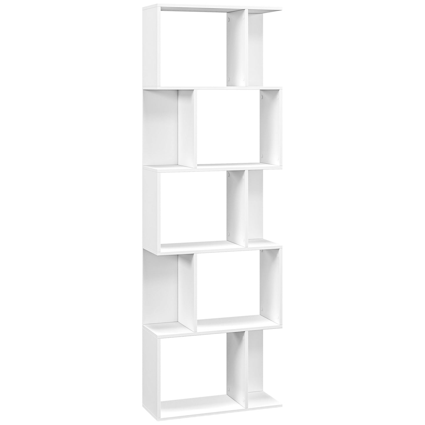 Bookcase, S-Shaped Wooden Bookshelf, 5 Tiers Freestanding Storage Shelf, Home Office Display Stand Rack, White