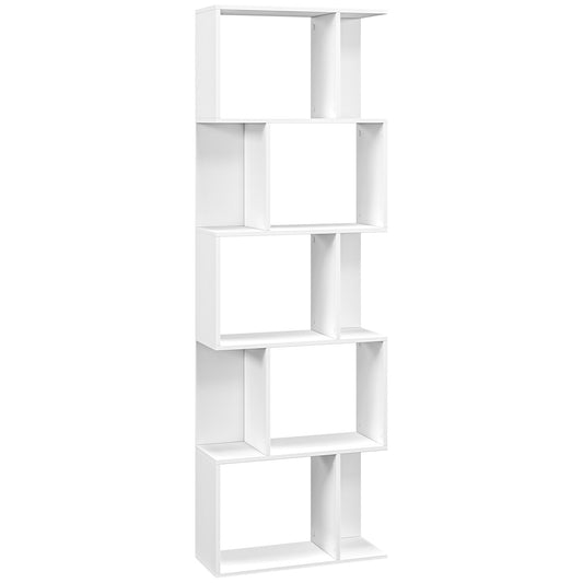 Bookcase, S-Shaped Wooden Bookshelf, 5 Tiers Freestanding Storage Shelf, Home Office Display Stand Rack, White