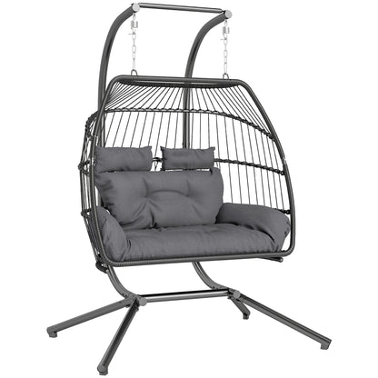 Rattan Double Hanging Egg Chair with Stand, Foldable Wicker Swing Egg Chair with Cushion, Head Pillows, Steel Frame