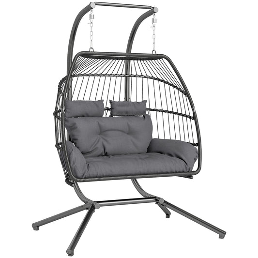 Rattan Double Hanging Egg Chair with Stand, Foldable Wicker Swing Egg Chair with Cushion, Head Pillows, Steel Frame