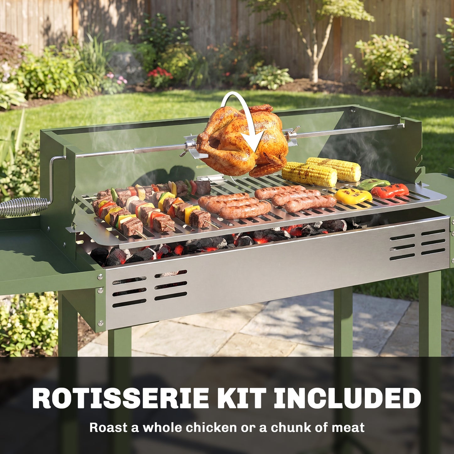 BBQ Rotisserie Grill Roaster Charcoal Spit Roasting Machine for Chicken Turkey with 3-Level Grill Grate, Side Shelves