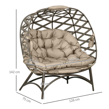 2 Seater Egg Chair Outdoor, Folding Weave Garden Furniture Chair with Cushion, Cup Pockets - Khaki