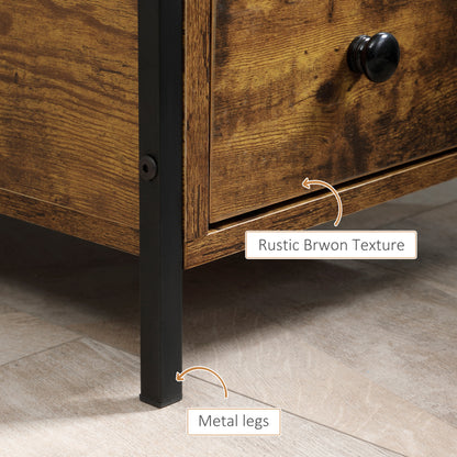 Side Table, Narrow Bedside Table with 2 Drawers and Storage Shelf, Industrial End Table with Metal Frame for Small Spaces