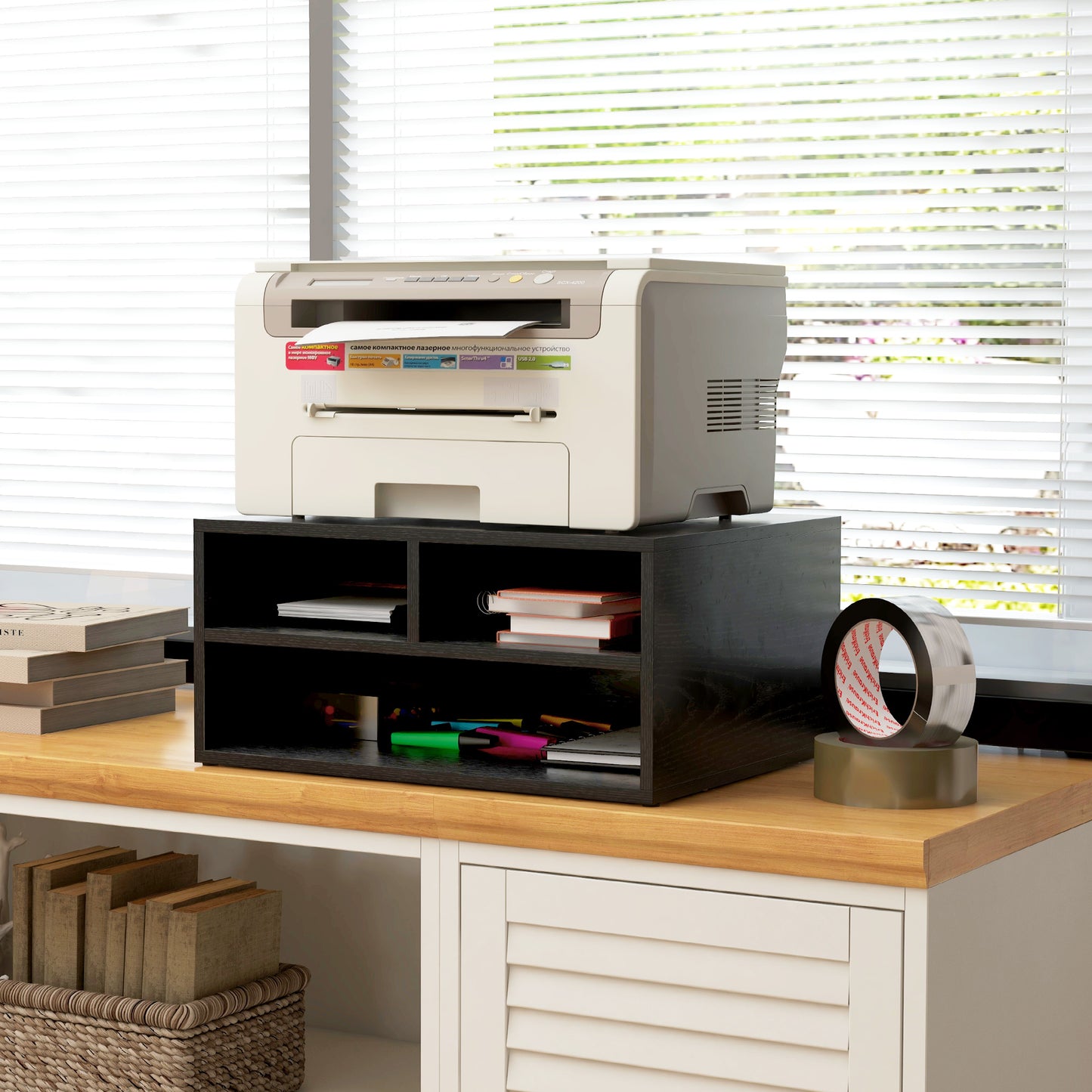 Three-Compartment Printer Storage Cabinet - Black