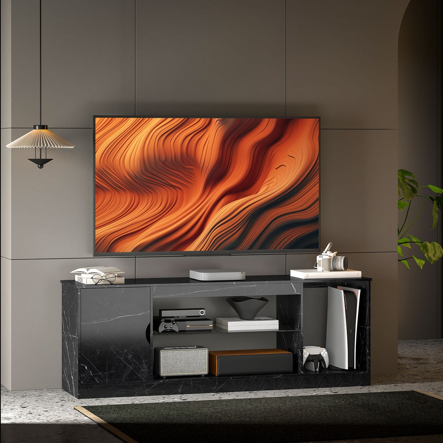 TV Stand Cabinet, Marble Effect TV Unit for up to 55" TVs with Glass Shelf and Storage Cabinet