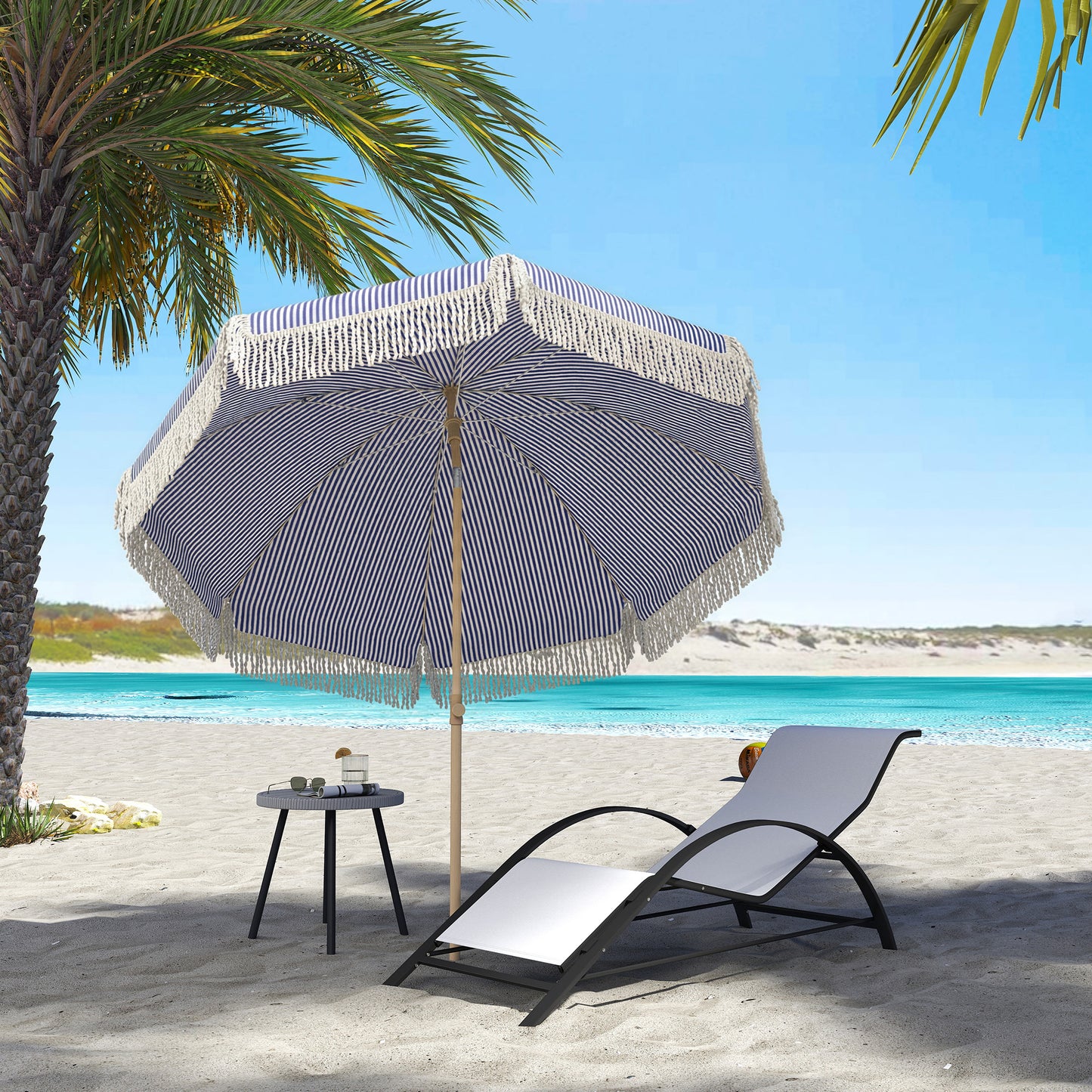 1.7 m Beach Umbrella with Sand Anchor, 30° Tilting Fringed Beach Garden Parasol with Adjustable Height, Blue