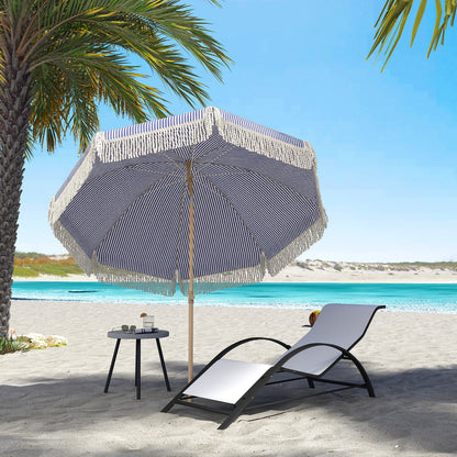 1.7 m Beach Umbrella with Sand Anchor, 30° Tilting Fringed Beach Garden Parasol with Adjustable Height, Blue