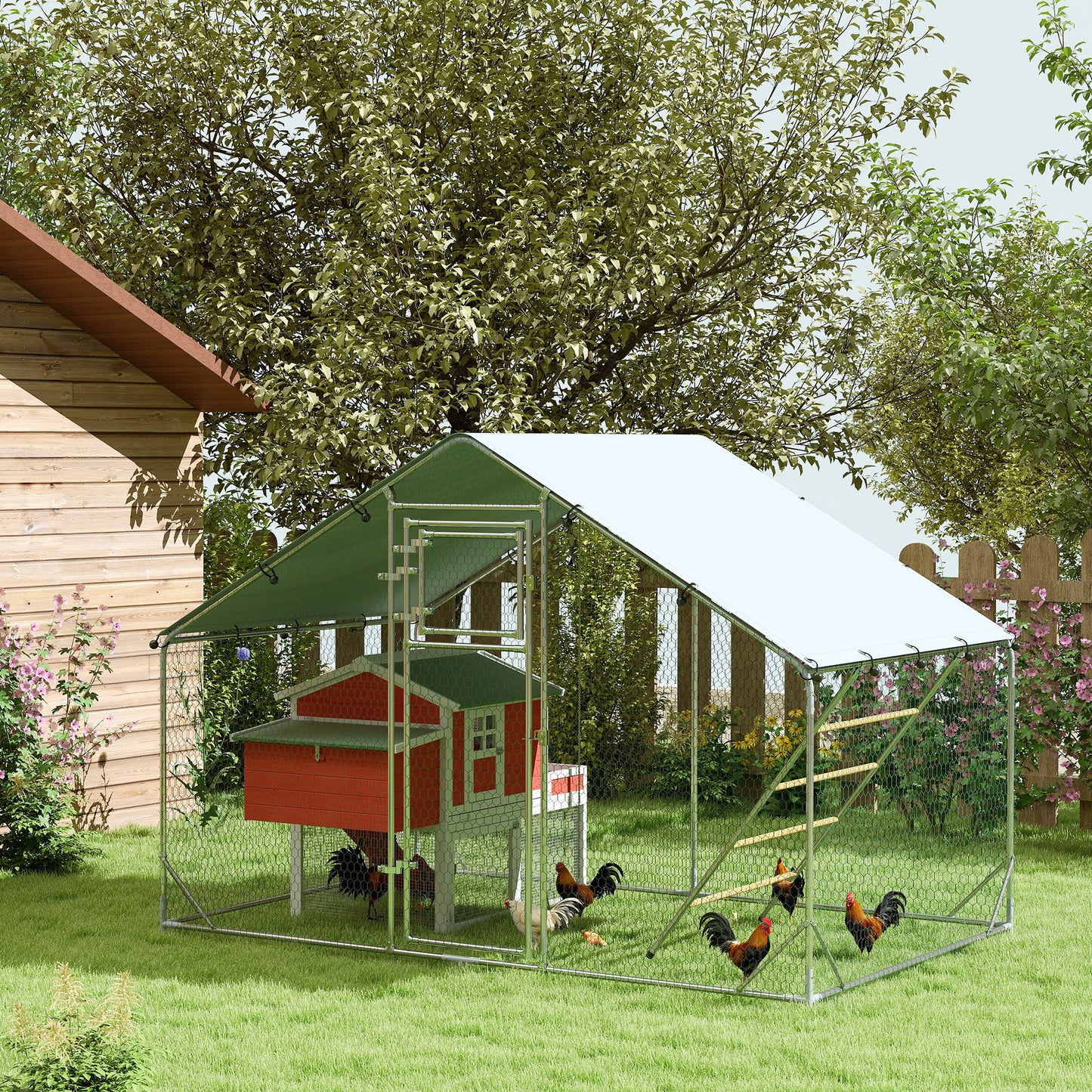 Walk-in Chicken Run with Cover, Feeding Door, Hanging Feeder, Perch, for 6-8 Poultry