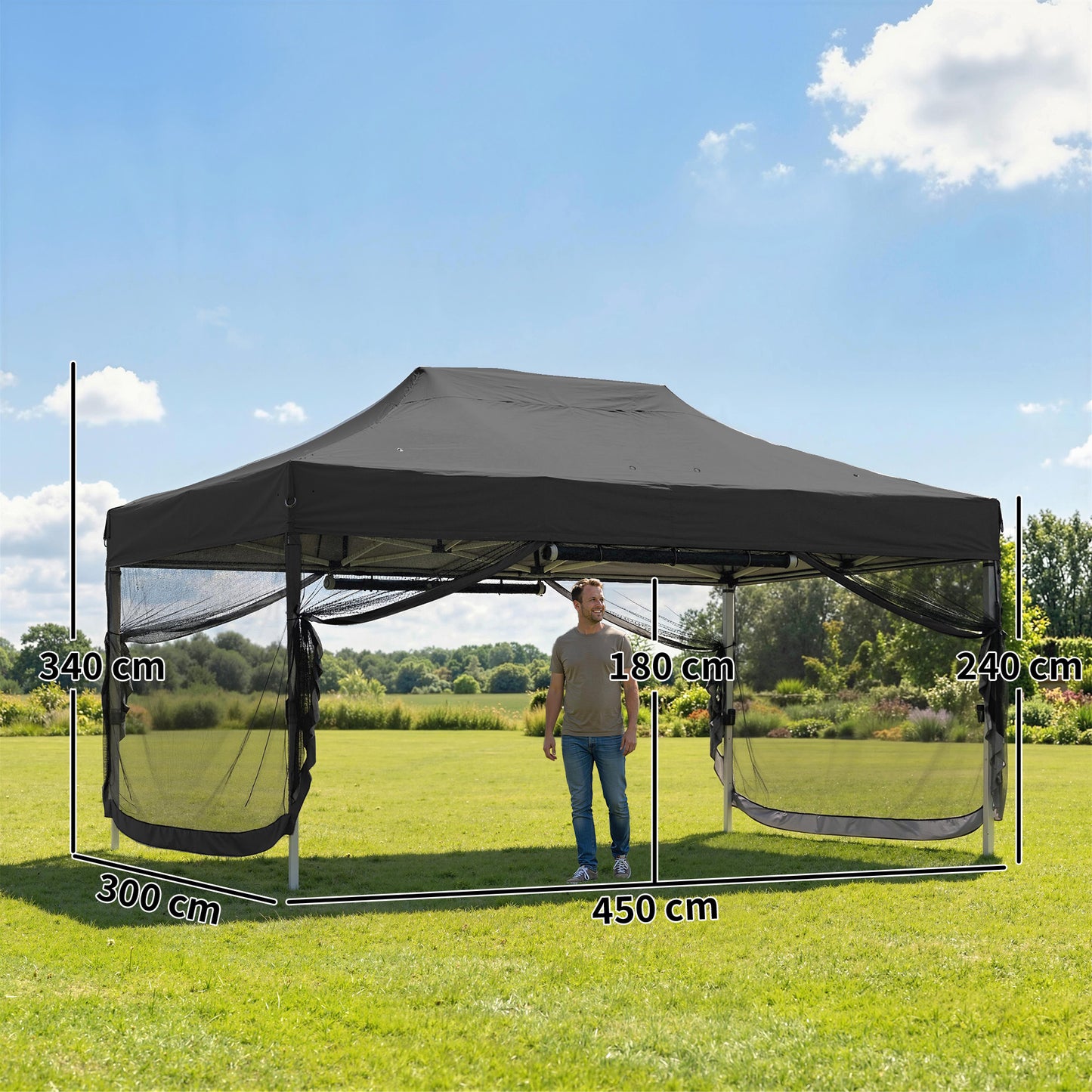 3 x 4.5 m Pop Up Gazebo with Mesh Nettings, UPF50+ Heavy Duty Outdoor Garden Party Tent Marquee, Black