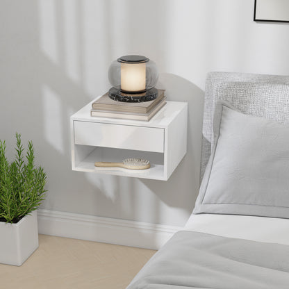 Set of Two Floating Bedside Tables, Wall Mounted Nightstand with Drawer and Open Shelf, High Gloss White