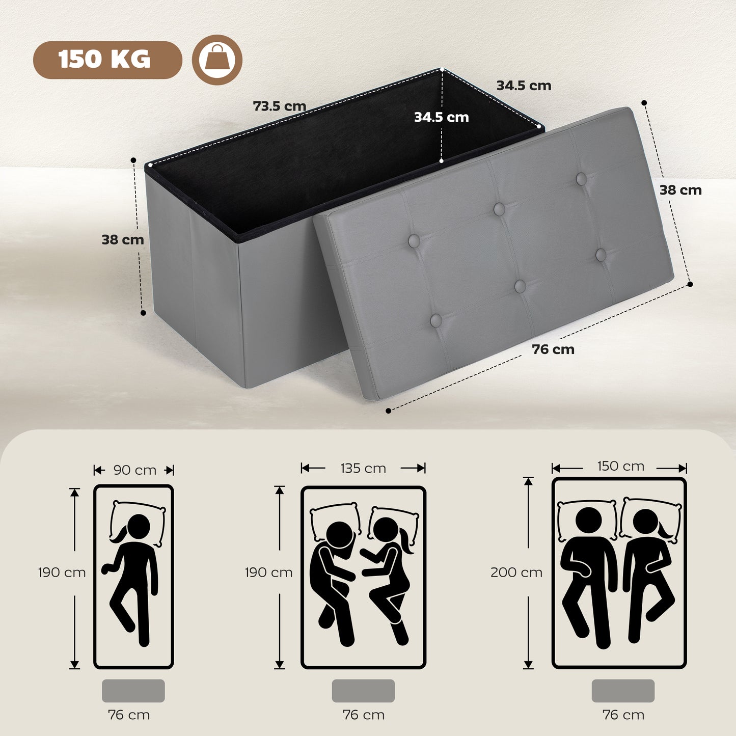 Storage Ottoman Bench, 89L PU Leather Folding Foot Rest Stool, End of Bed Bench, Easy Assembly, for Living Room, Bedroom