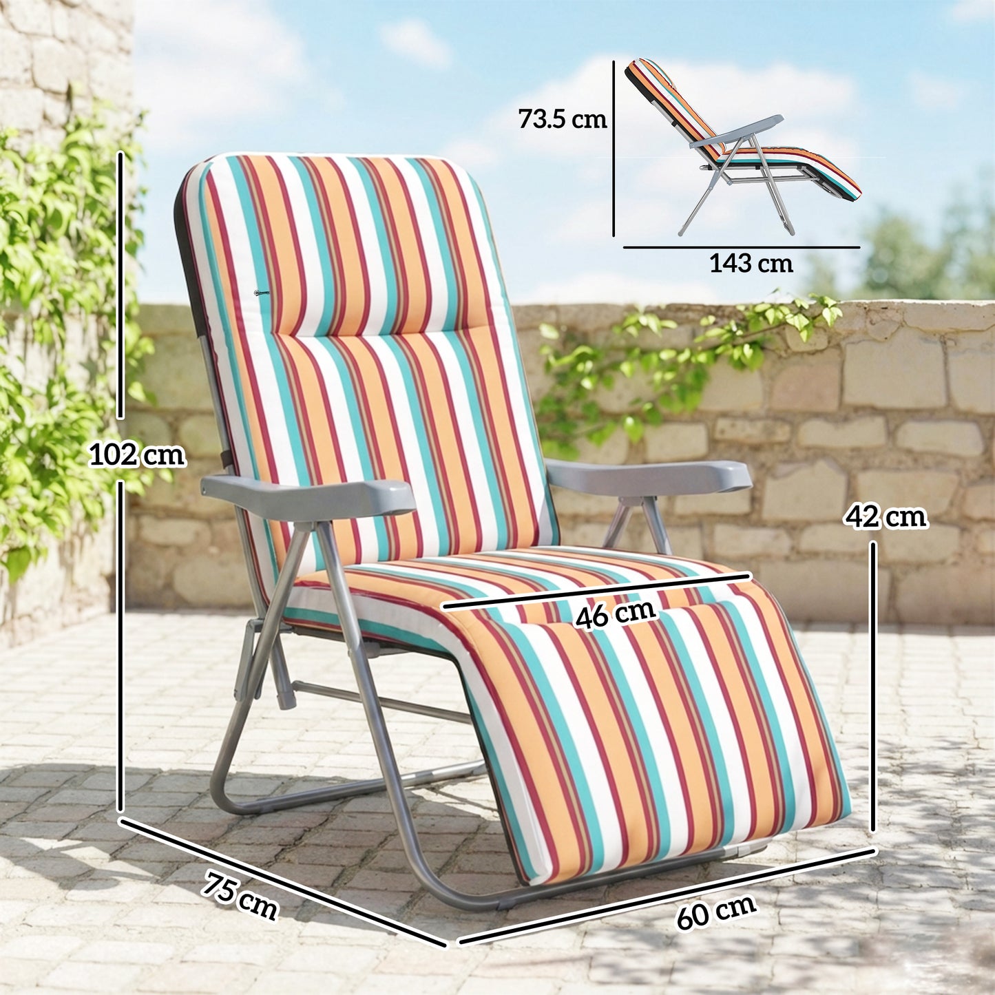 Set of 2 Foldable Patio Sun Lounger with Adjustable Backrest and Cushion, Multicoloured