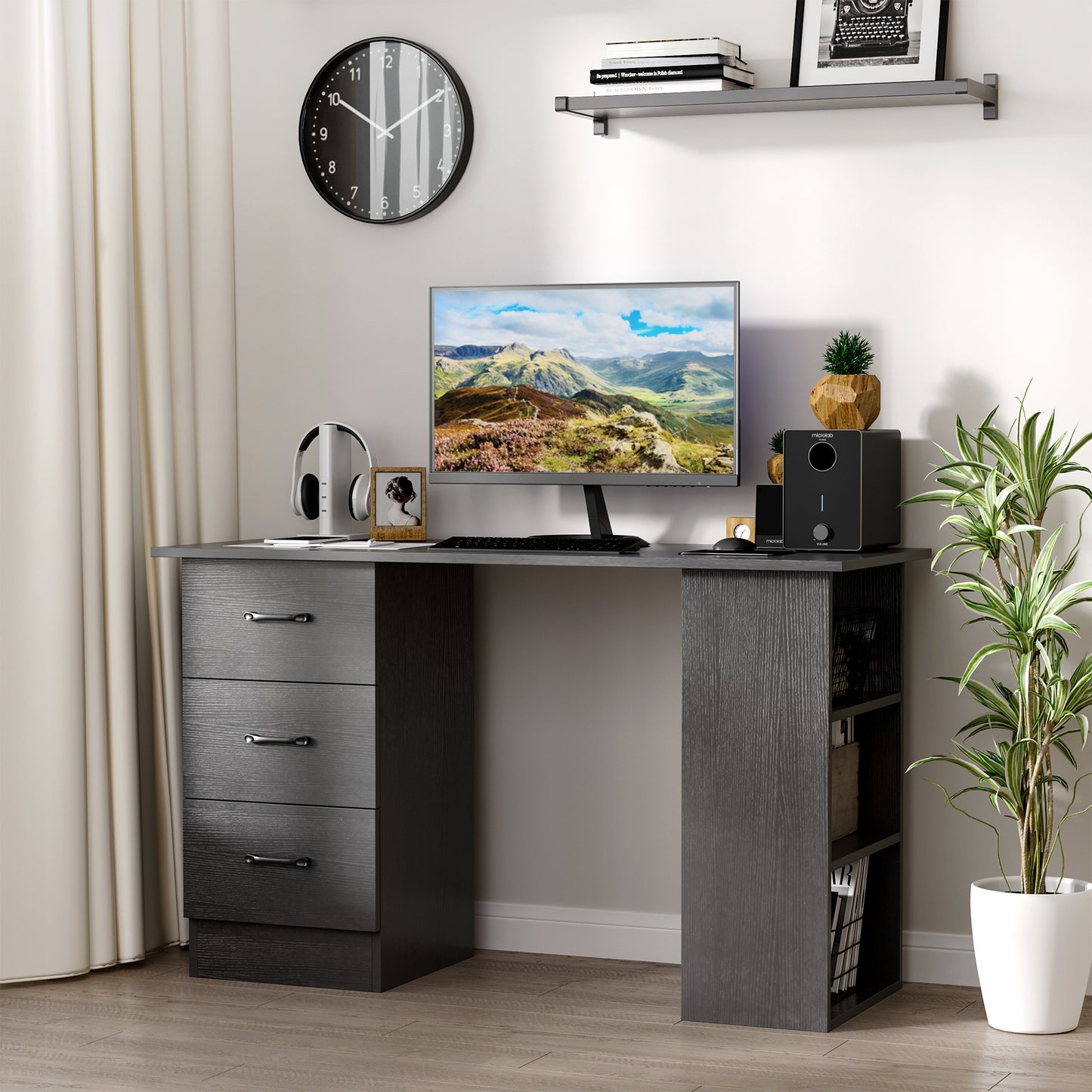 Computer Desk with Drawers, Home Office Desk, Writing Table, PC Workstation with 3 Storage Shelves for Working, Study